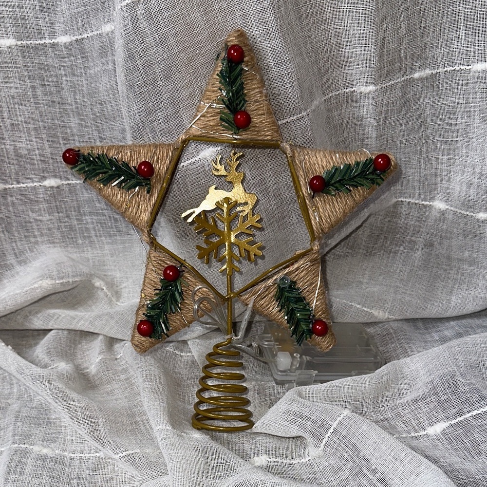 Lotus Hills Christmas Star 9" Tree Topper Lights Rustic Deer Holly Snowflake NWT